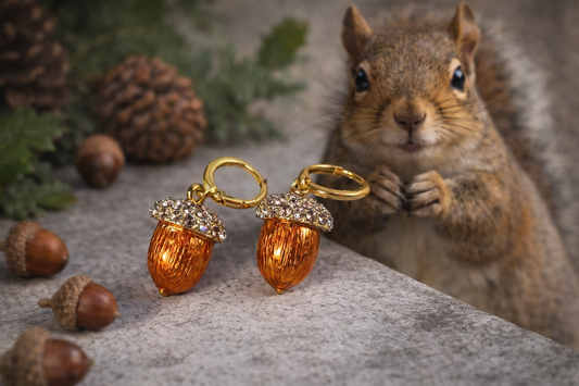 Squirrel Approved Sparkle – Golden Acorn Crystal Drop Earrings”