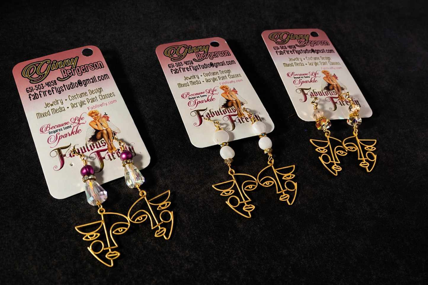 Abstract Face Gold Earrings – Czech Bead & Crystal Dangles (Multiple Styles)