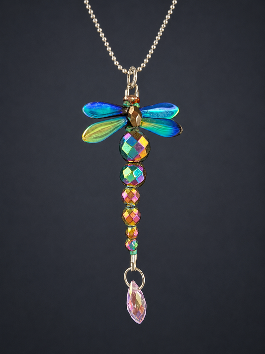32 Inch Dragonfly Pendant Necklace with Iridescent Crystal Beads and Silver Ball Chain