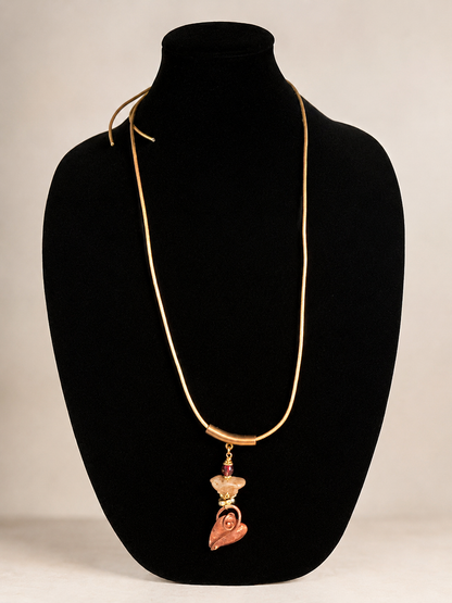 Adjustable Gold Leather Necklace with Copper Heart Pendant, Bird Glass Bead & Crystal Accent