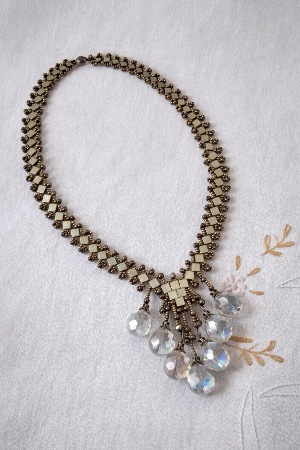 Aurora Mosaic Crystal Necklace - Handwoven Tila Bead Necklace with Crystal Drops