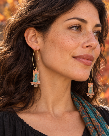 Hand-Painted Owl Earrings with Rhinestones