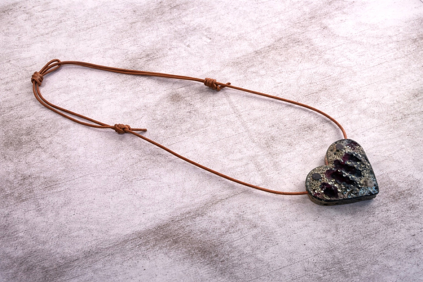 Raku Heart Pendant Necklace on Adjustable Leather – Artisan Maku Ceramic Statement (Up to 30”)