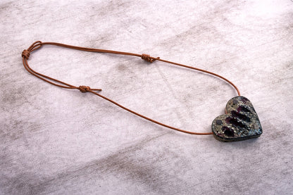 Raku Heart Pendant Necklace on Adjustable Leather – Artisan Maku Ceramic Statement (Up to 30”)