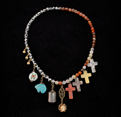 Sacred Story Charm Necklace – African Beads, Jasper, Turquoise Bear & Cross Charms (20”)