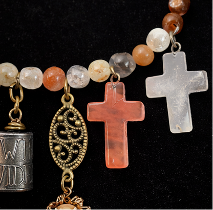 Sacred Story Charm Necklace – African Beads, Jasper, Turquoise Bear & Cross Charms (20”)