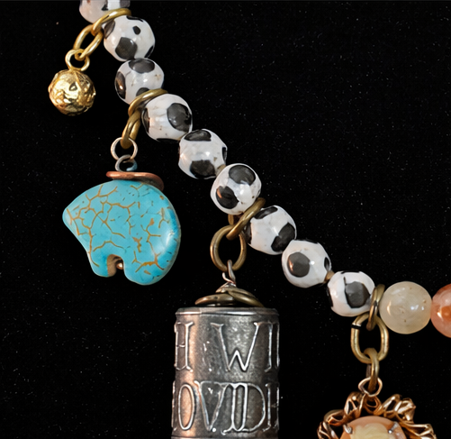 Sacred Story Charm Necklace – African Beads, Jasper, Turquoise Bear & Cross Charms (20”)