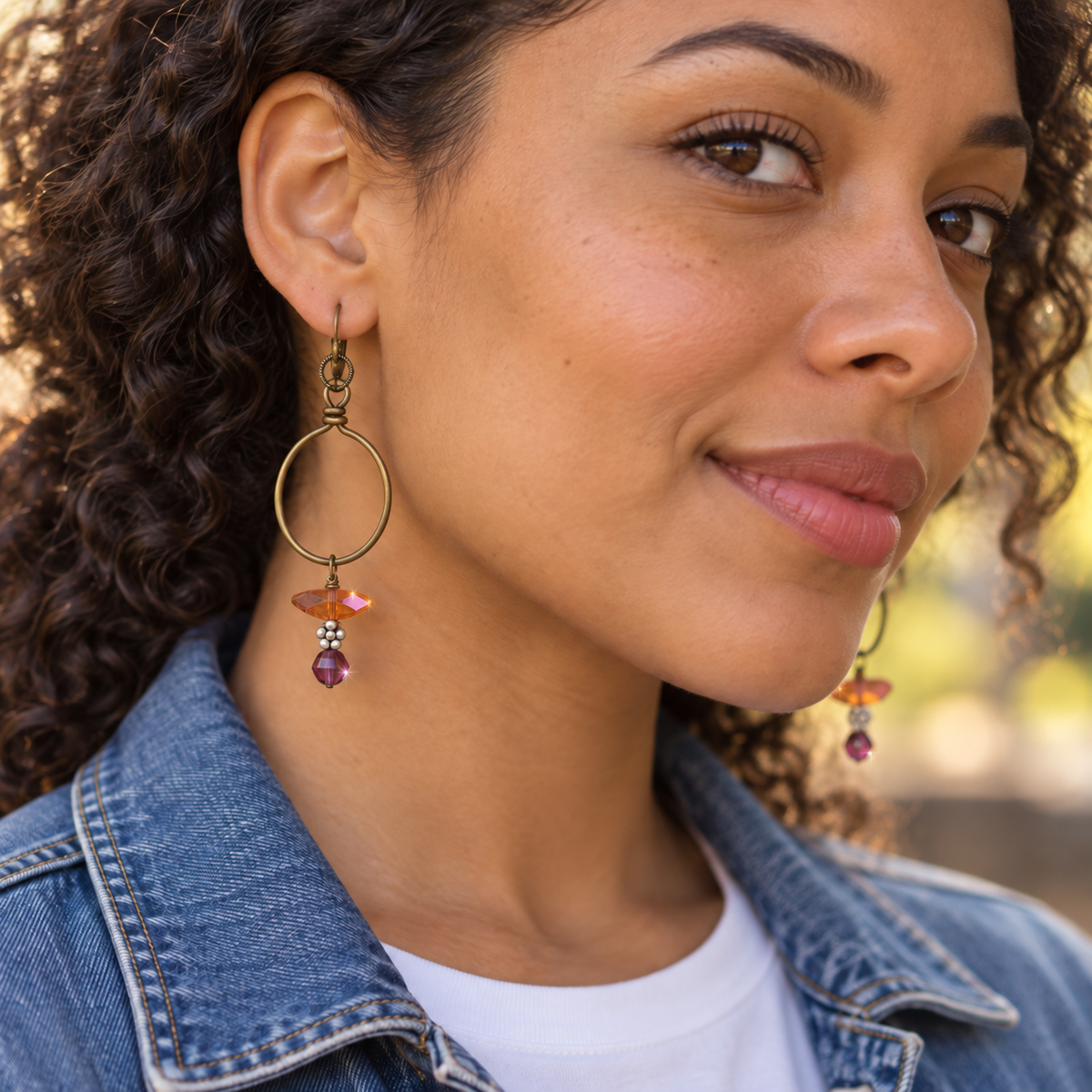 Peach & Plum Swarovski Crystal Bronze Hoop Earrings