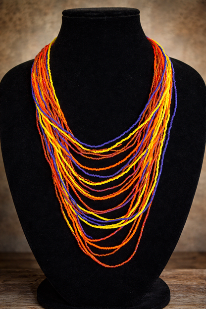 Hand-Beaded Statement Necklace – Adjustable 20” | Multi-Strand Boho Tribal Floral Design | Artisan Beadwork