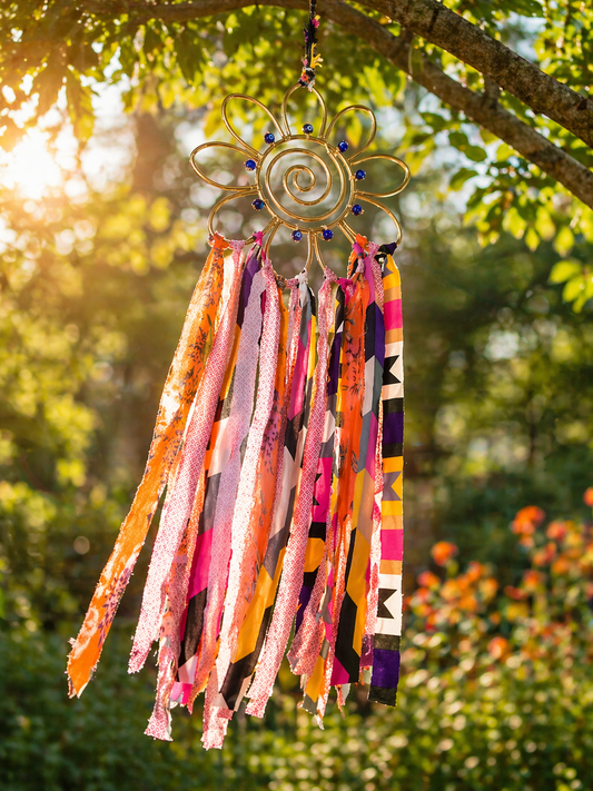 Boho Silk Fringe Sunburst Wall Hanging – 24” Bohemian Decor