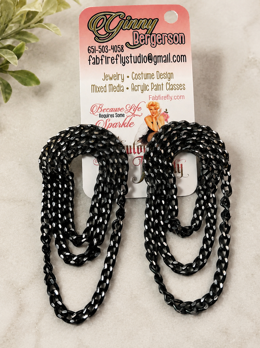 Black Chain Link Post Earrings Lightweight Aluminum 3 Inch Dangle Earrings
