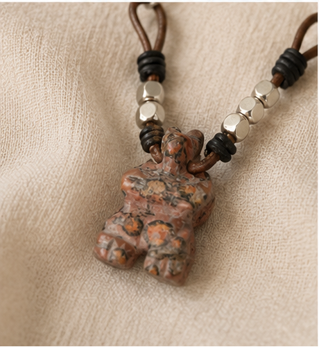 Handmade Courage Bear Necklace | Paperclip Chain, Swarovski Crystals, Pearls & Leather | 32 Inch Necklace