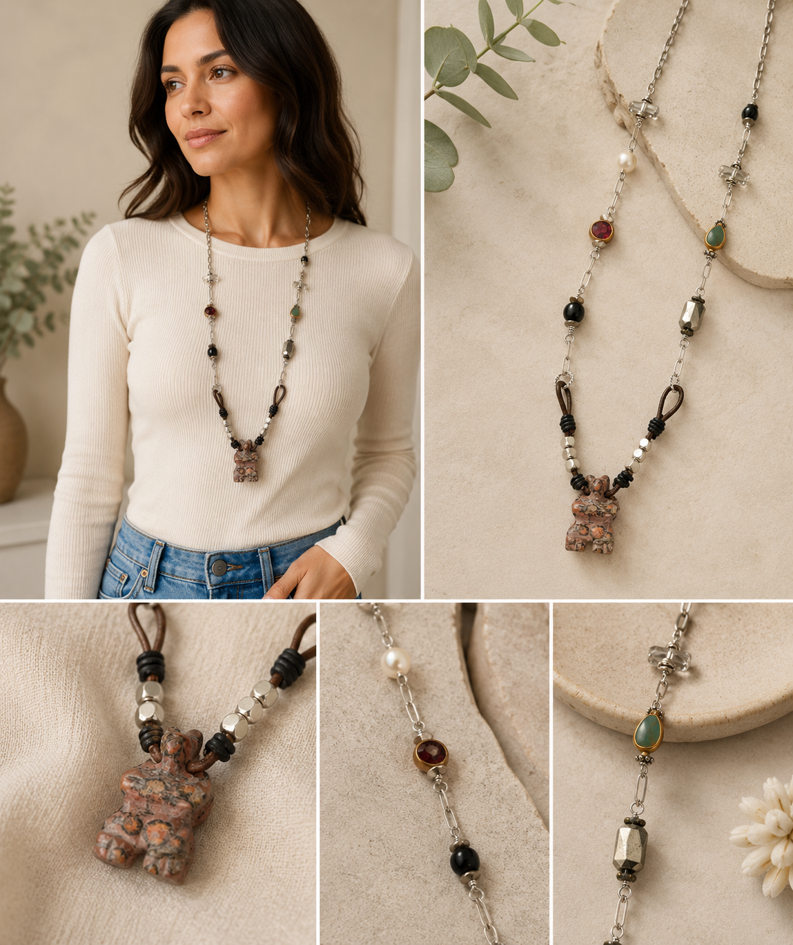 Handmade Courage Bear Necklace | Paperclip Chain, Swarovski Crystals, Pearls & Leather | 32 Inch Necklace