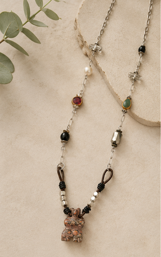 Handmade Courage Bear Necklace | Paperclip Chain, Swarovski Crystals, Pearls & Leather | 32 Inch Necklace