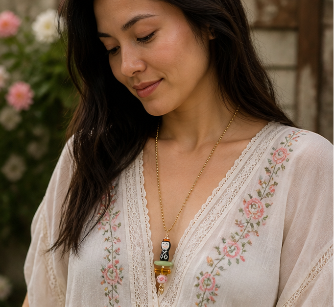 Little Peace Doll Necklace – Ceramic Asian Figurine with Glass & Heart Charm (30” Chain)
