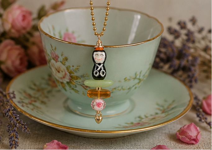 Little Peace Doll Necklace – Ceramic Asian Figurine with Glass & Heart Charm (30” Chain)