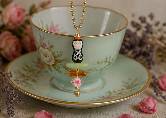 Little Peace Doll Necklace – Ceramic Asian Figurine with Glass & Heart Charm (30” Chain)