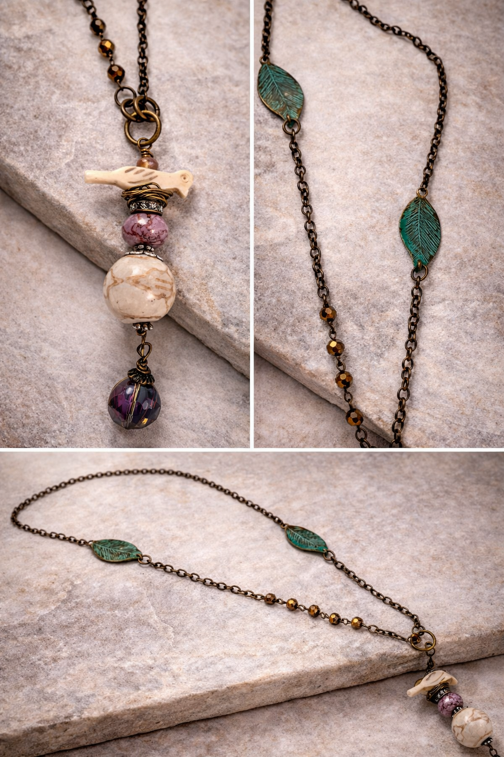 Bohemian Bird Nest Necklace – Carved Bird Pendant with Stone & Crystal, Mixed Chain & Verdigris Leaves (32”)