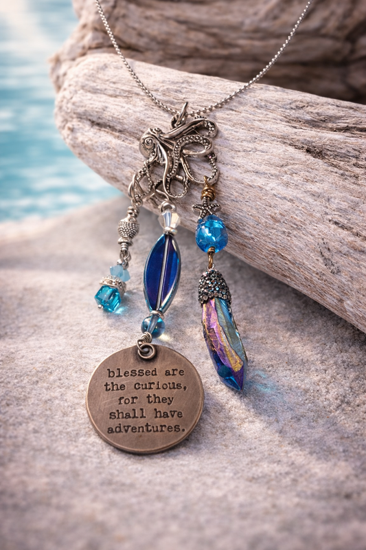 Curious Souls Ocean Charm Necklace – Inspirational Quote Pendant with Crystal & Mixed Metal Dangles