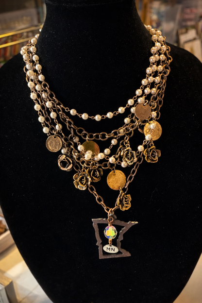 Minnesota Charm Layered Necklace Set – Pearls, Chains & Vintage Rose Charms