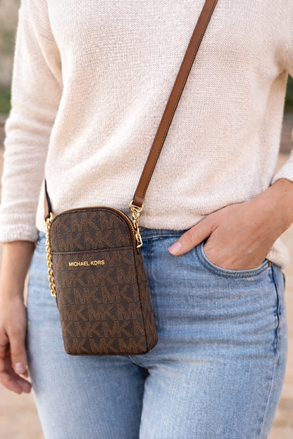 Michael Kors Jet Set Mini Crossbody Phone Bag – Brown MK Monogram with Gold Chain