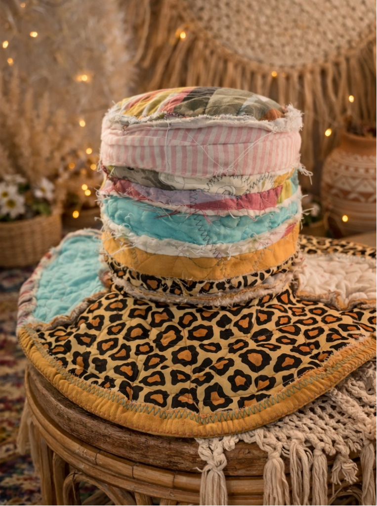 Dorothy Jean Reversible Patchwork Hat – Triple Heart Boho Wide Brim (Size Med-Sm)