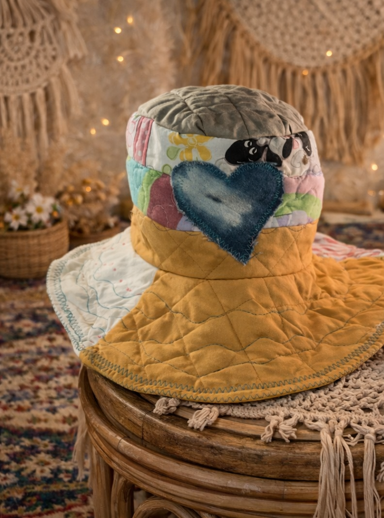 Dorothy Jean Reversible Patchwork Hat – Triple Heart Boho Wide Brim (Size Med-Sm)