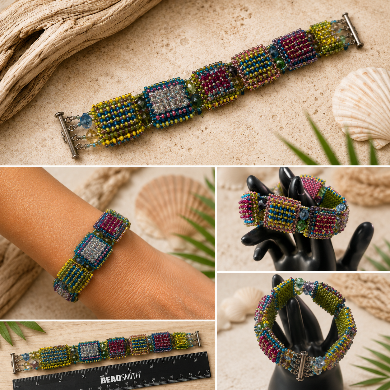 Hand Beaded Right Angle Weave Bracelet with Crystal Squares – Multicolor Statement Bracelet