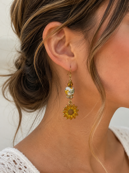 Handmade Sunflower Earrings with Floral Ceramic Beads | Gold Dangle Earrings | Boho Floral Jewelry