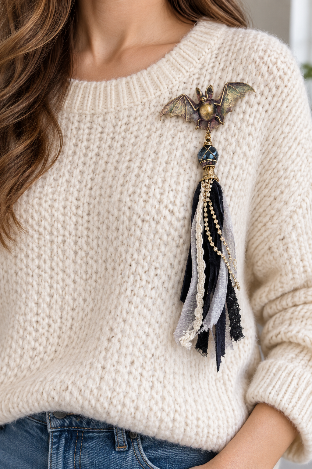 After Dark Bat Pin with Crystal & Fabric Tassel
