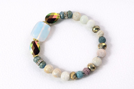 Opaline Glow Stretch Bracelet - Austrian Crystal, Jasper & Lava Beads
