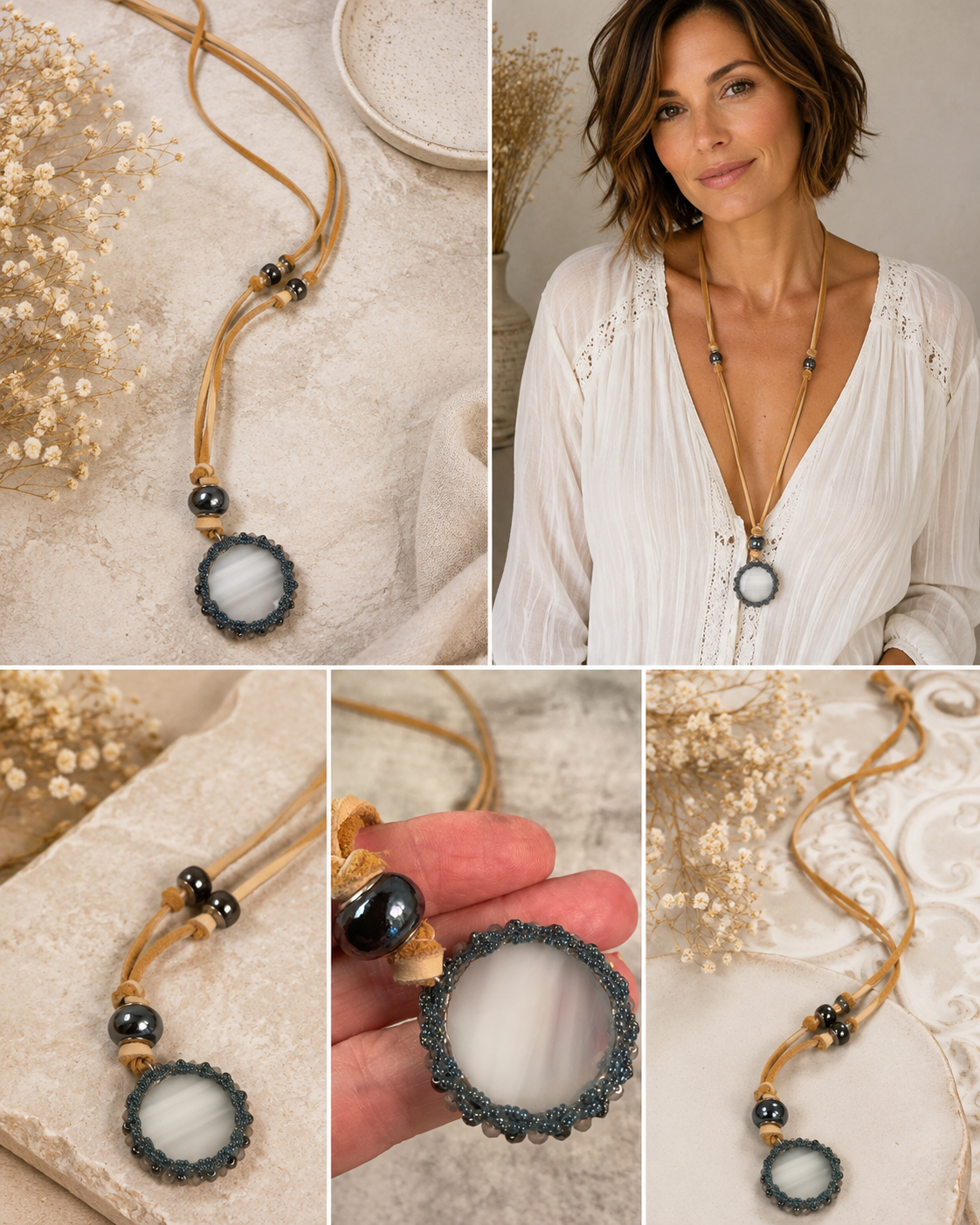 Hand-Beaded Deerskin Necklace with Stained Glass Pendant – 32 Inch
