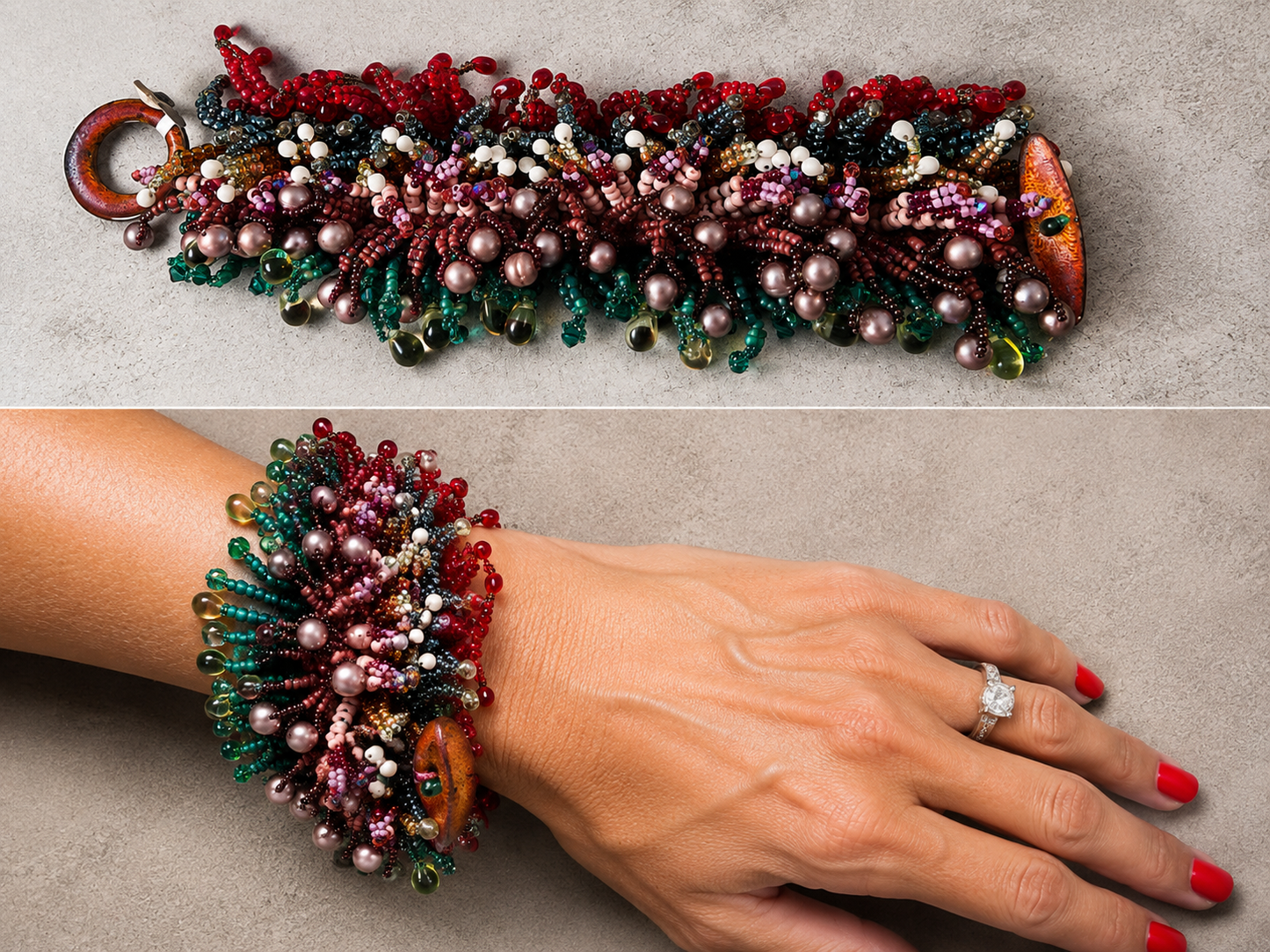 Luxury Handwoven Herringbone Beaded Bracelet with Pearls, Crystals & Copper Clasp – 7.5 Inch Statement Cuff