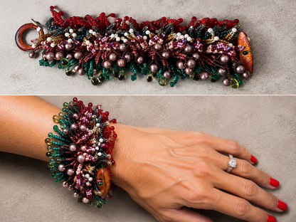 Luxury Handwoven Herringbone Beaded Bracelet with Pearls, Crystals & Copper Clasp – 7.5 Inch Statement Cuff