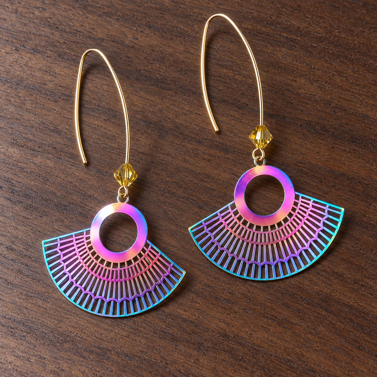 Iridescent Fan Dangle Earrings with Crystal Beads