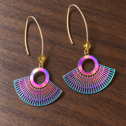 Iridescent Fan Dangle Earrings with Crystal Beads