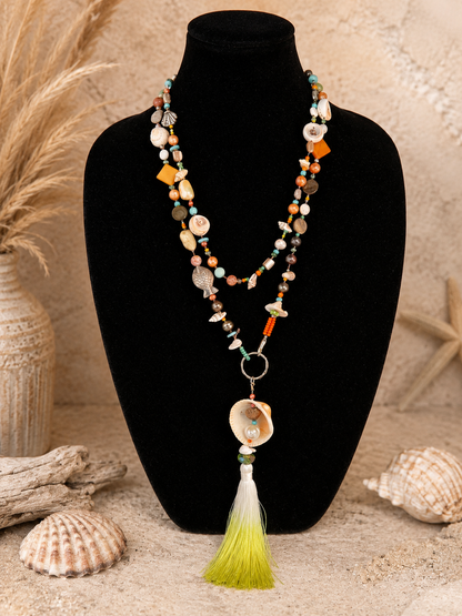 Hand-Knotted Silk Shell Necklace with Removable Tassel Pendant | Convertible Coastal Statement Necklace
