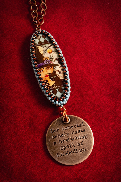 Bewitching Beauty Witch & Cat Pendant Necklace – Hand Beaded Cabochon on Antique Copper Chain (22”)