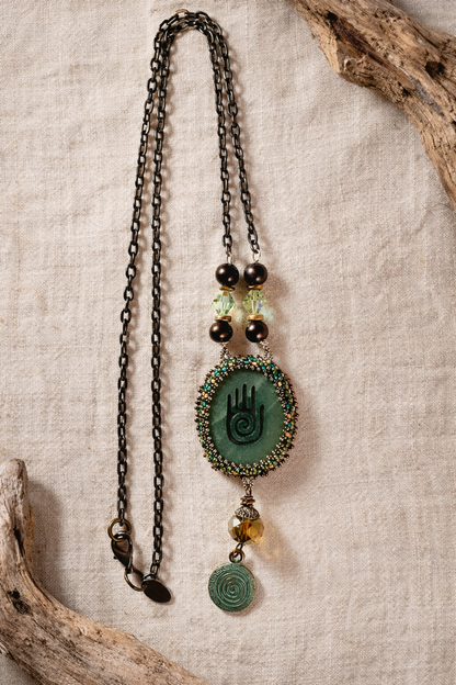 Spirit Hand Malachite Bead Embroidered Pendant Necklace
