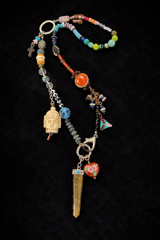 Sacred Wanderer Charm Necklace – Tiger Eye Talisman & Artisan Bead Medley