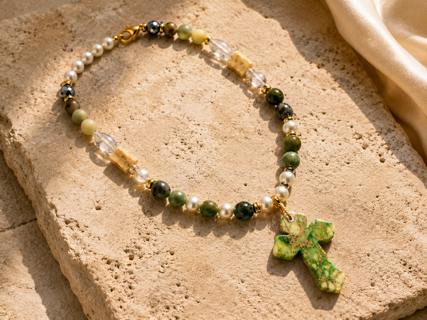 Handmade Green Jasper Cross Necklace | Czech Glass Pearls | Quartz | 18 Inch Artisan Necklace