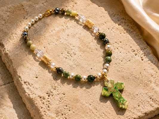Handmade Green Jasper Cross Necklace | Czech Glass Pearls | Quartz | 18 Inch Artisan Necklace