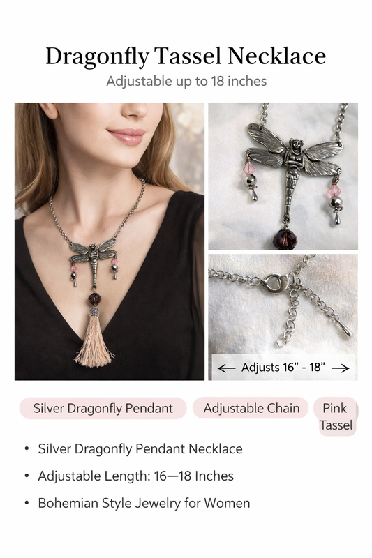 Blush Dragonfly Tassel Necklace – Silver Fairy Pendant with Crystal Accents