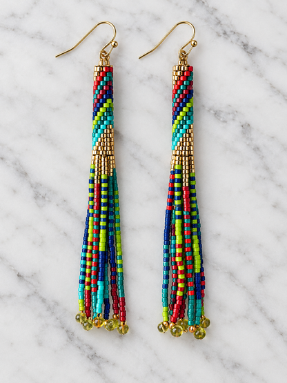 Multicolor Hand-Beaded Fringe Earrings – 3 Inch