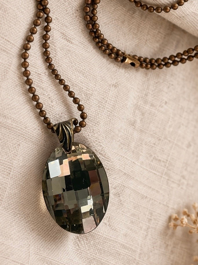 Smoky Crystal Drop Necklace – Faceted Pendant on Copper Bail Long Chain