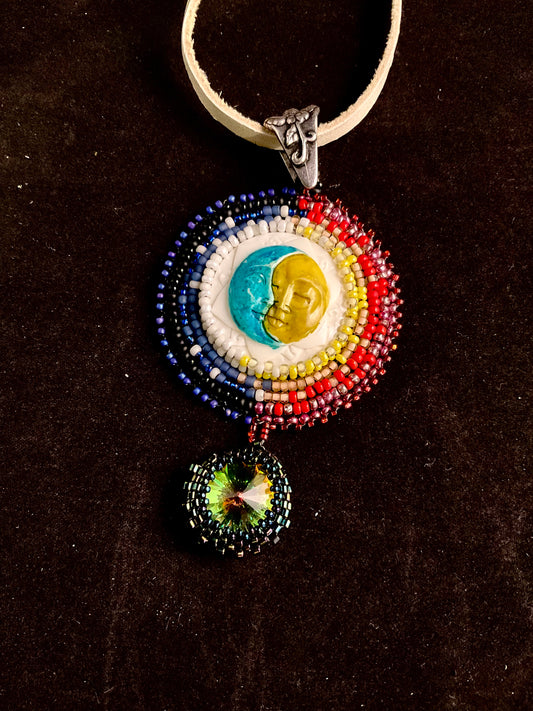 Necklace - Sun and Moon bead embroidered pendant