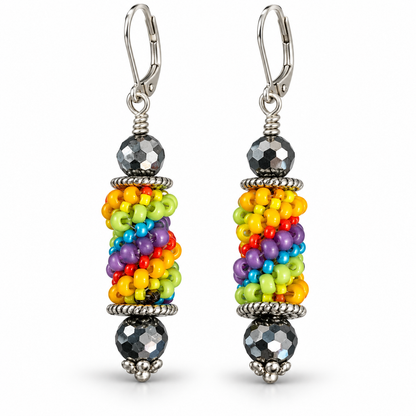 Handmade Rainbow Seed Bead Dangle Earrings with Leverback Wires