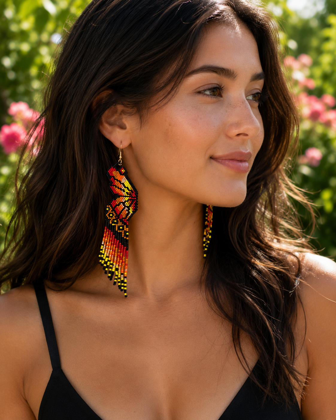 Monarch Wings Beaded Fringe Earrings | Handcrafted 4” Seed Bead Statement Earrings