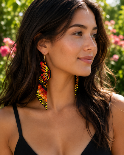 Monarch Wings Beaded Fringe Earrings | Handcrafted 4” Seed Bead Statement Earrings