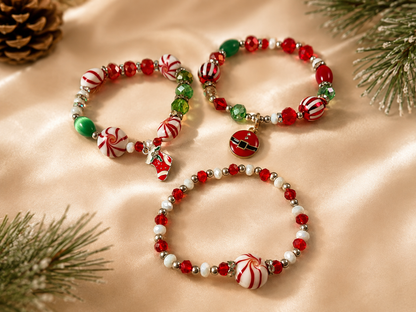 Handmade Christmas Stretch Bracelet with Peppermint Beads, Crystals & Holiday Charms